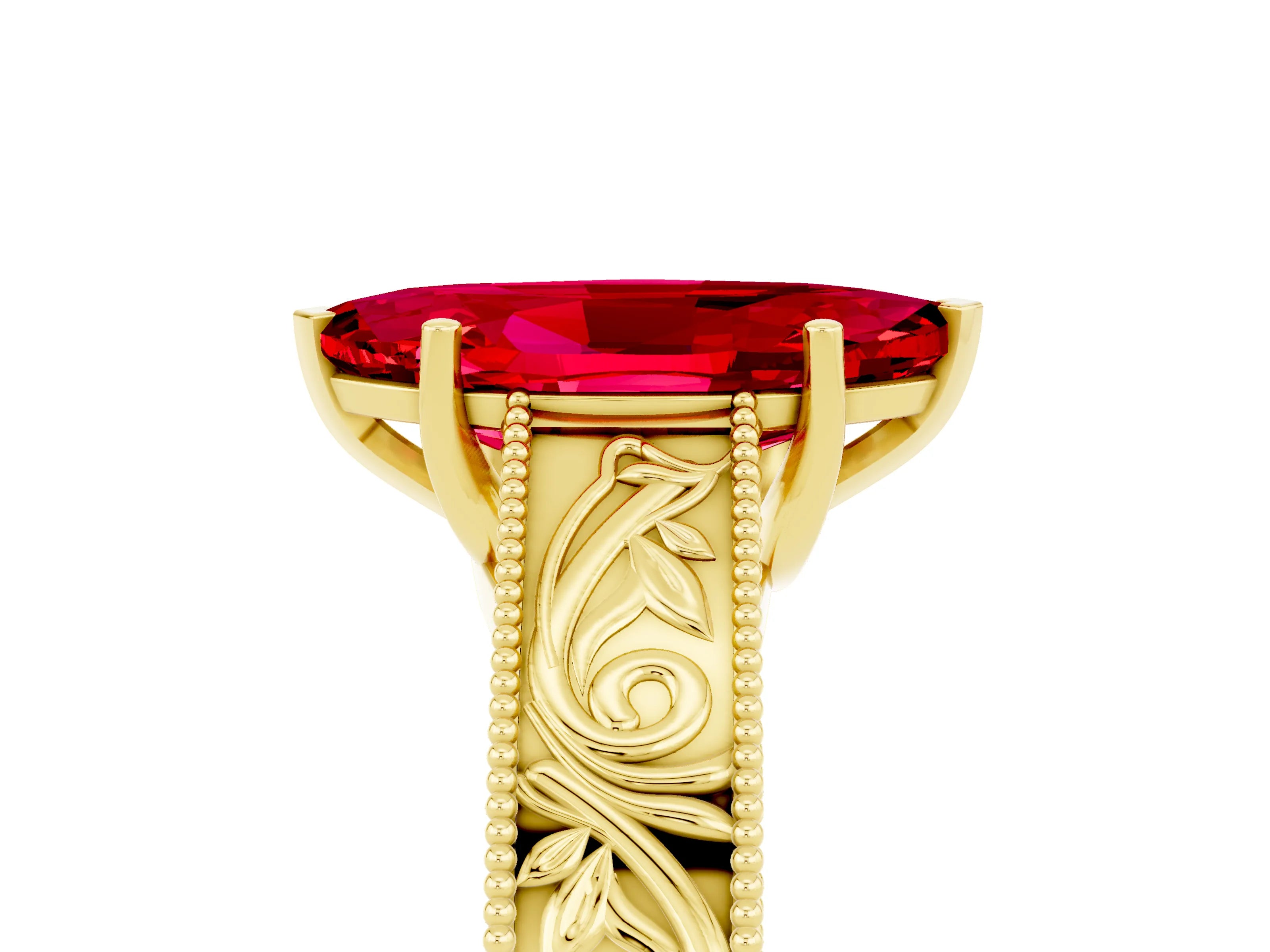 Yellow gold Marquise Cut Ruby Solitaire Ring with Engraved Band and Four-Prong Setting_5
