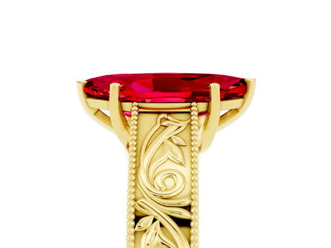 Yellow gold Marquise Cut Ruby Solitaire Ring with Engraved Band and Four-Prong Setting_5
