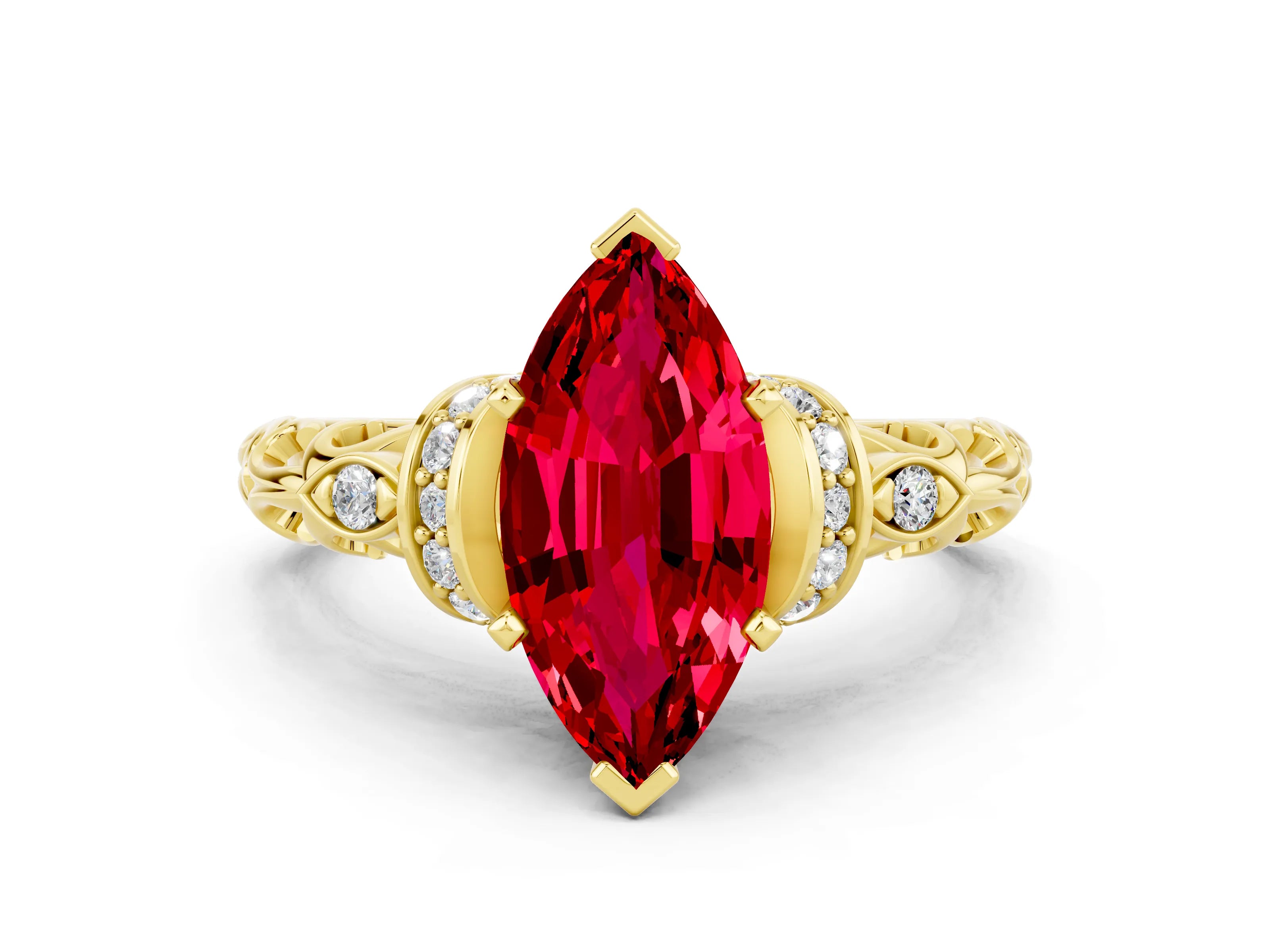 Yellow gold Marquise Cut Ruby Solitaire Ring with Filigree Band and Four-Prong Setting_24