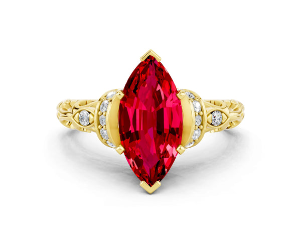 Yellow gold Marquise Cut Ruby Solitaire Ring with Filigree Band and Four-Prong Setting