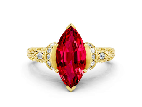 Yellow gold Marquise Cut Ruby Solitaire Ring with Filigree Band and Four-Prong Setting_24