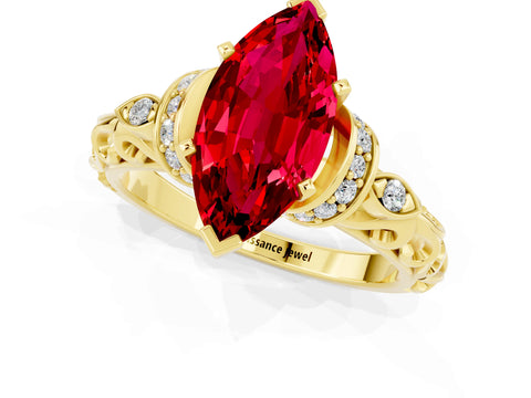 Yellow gold Marquise Cut Ruby Solitaire Ring with Filigree Band and Four-Prong Setting_25