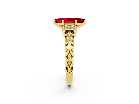 Yellow gold Marquise Cut Ruby Solitaire Ring with Filigree Band and Four-Prong Setting_26