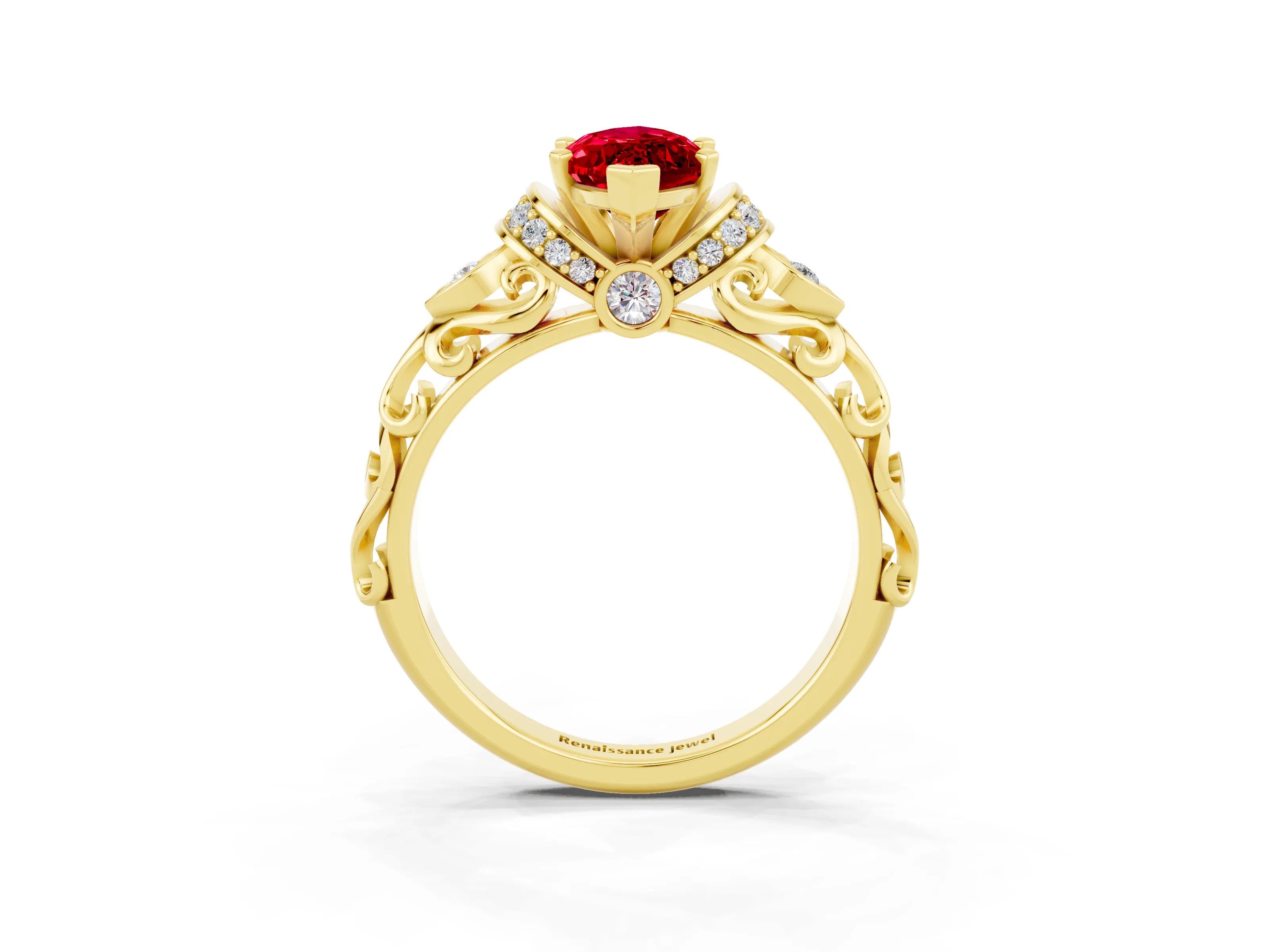Yellow gold Marquise Cut Ruby Solitaire Ring with Filigree Band and Four-Prong Setting_27