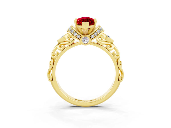 Yellow gold Marquise Cut Ruby Solitaire Ring with Filigree Band and Four-Prong Setting