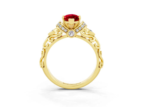 Yellow gold Marquise Cut Ruby Solitaire Ring with Filigree Band and Four-Prong Setting_27