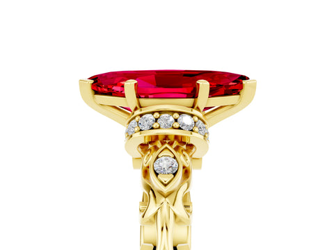 Yellow gold Marquise Cut Ruby Solitaire Ring with Filigree Band and Four-Prong Setting_29
