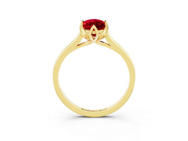 Yellow gold Marquise Cut Ruby Solitaire Ring with Flower Prong Setting and Classic Band