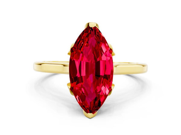 Yellow gold Marquise Cut Ruby Solitaire Ring with Flower Prong Setting and Classic Band