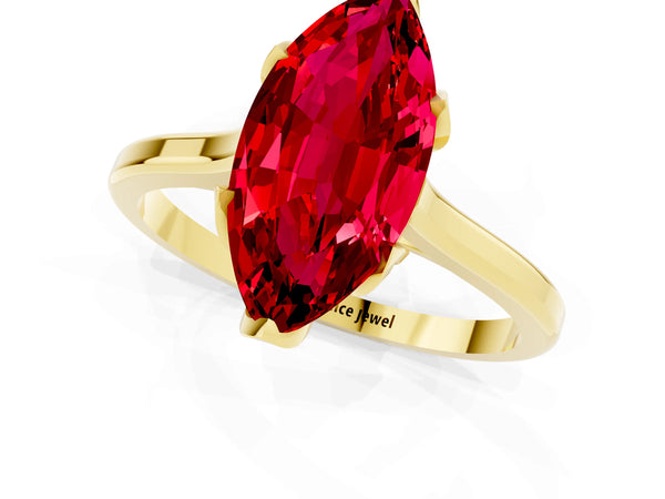 Yellow gold Marquise Cut Ruby Solitaire Ring with Flower Prong Setting and Classic Band