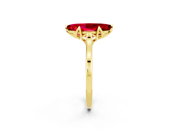 Yellow gold Marquise Cut Ruby Solitaire Ring with Flower Prong Setting and Classic Band