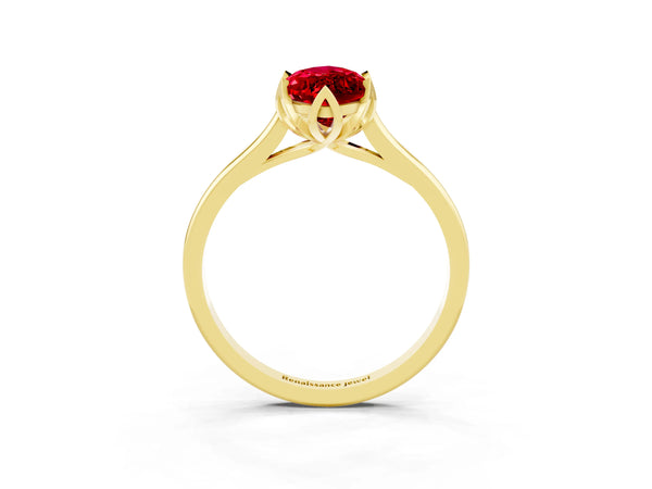 Yellow gold Marquise Cut Ruby Solitaire Ring with Flower Prong Setting and Classic Band
