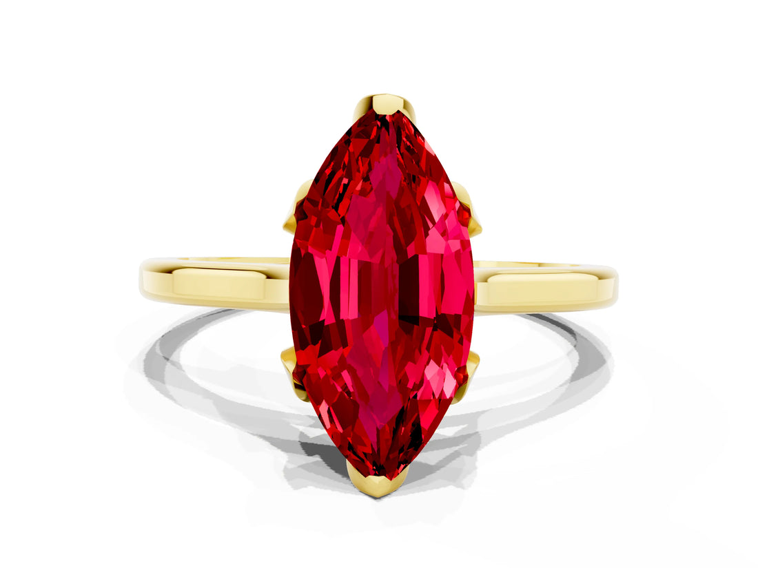 Yellow gold Marquise Cut Ruby Solitaire Ring with Flower Prong Setting and Classic Band_36