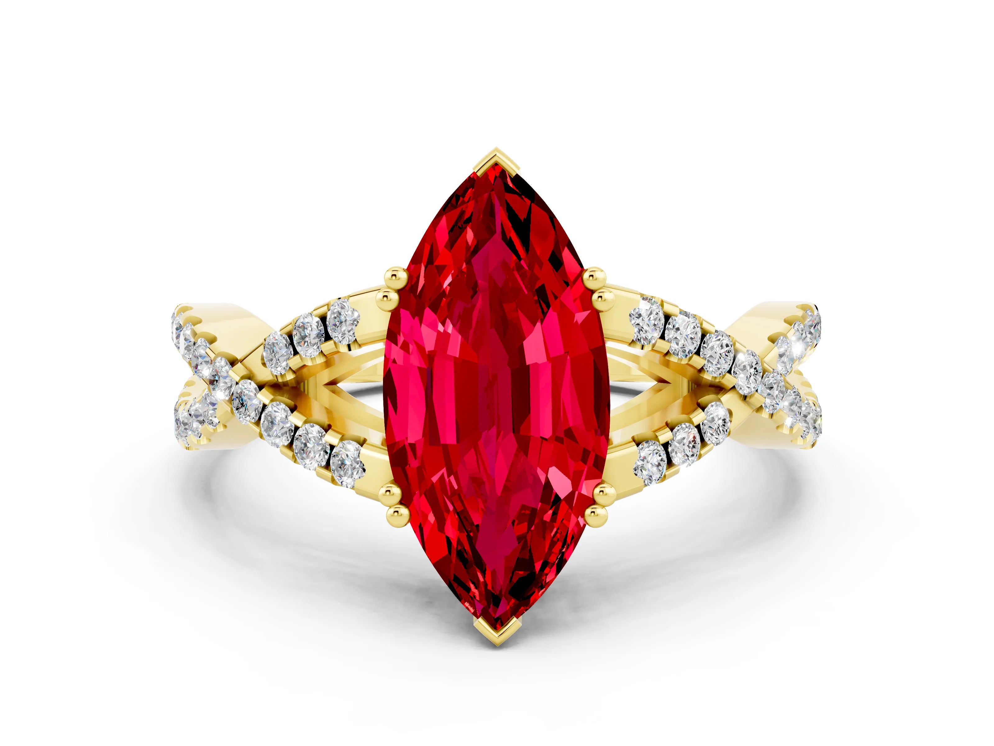 Yellow gold Marquise Cut Ruby Solitaire Ring with Four-Prong Setting and Twisted Pavé Band