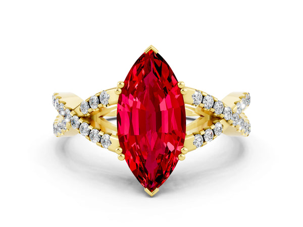 Yellow gold Marquise Cut Ruby Solitaire Ring with Four-Prong Setting and Twisted Pavé Band