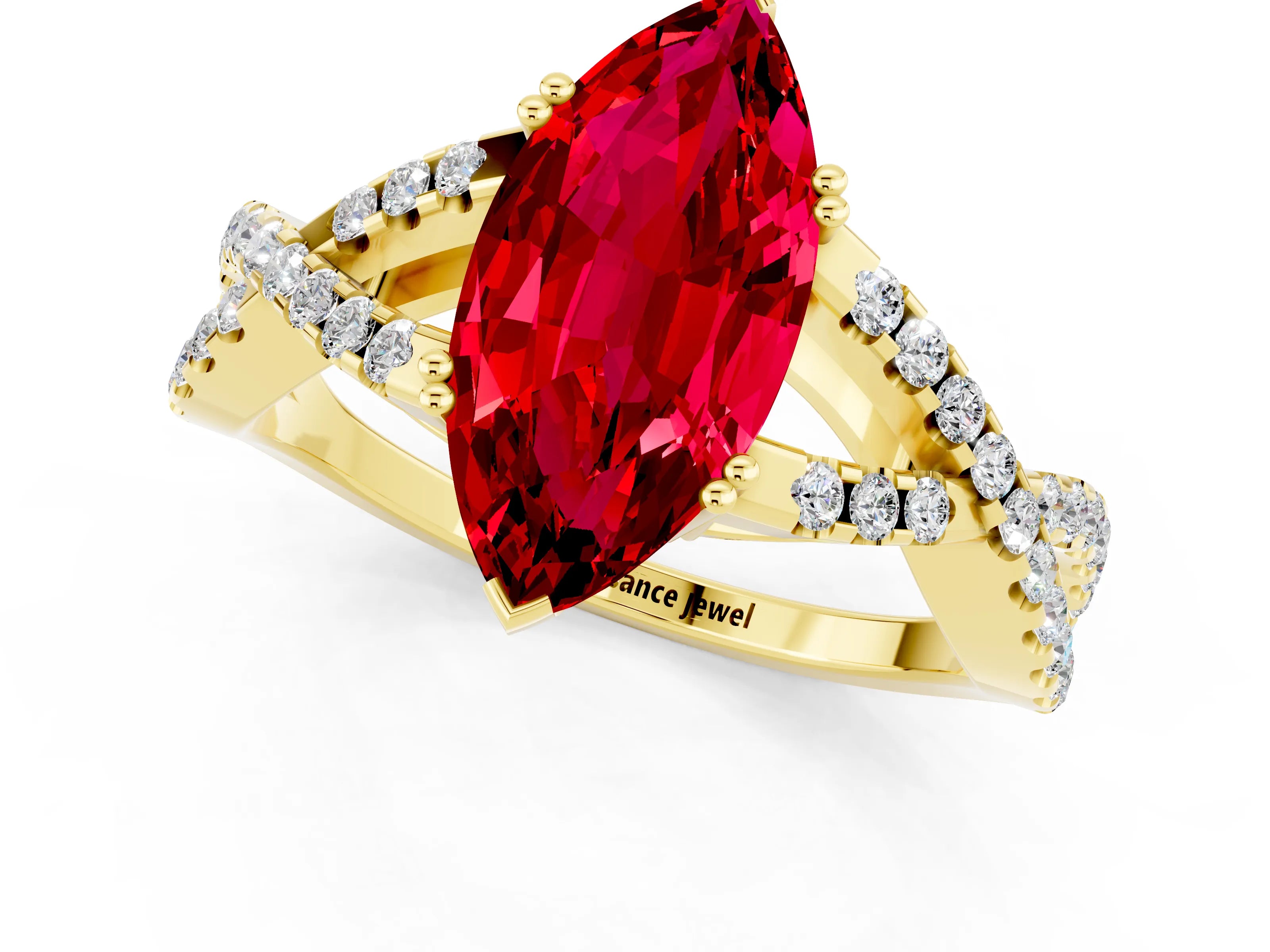 Yellow gold Marquise Cut Ruby Solitaire Ring with Four-Prong Setting and Twisted Pavé Band_1
