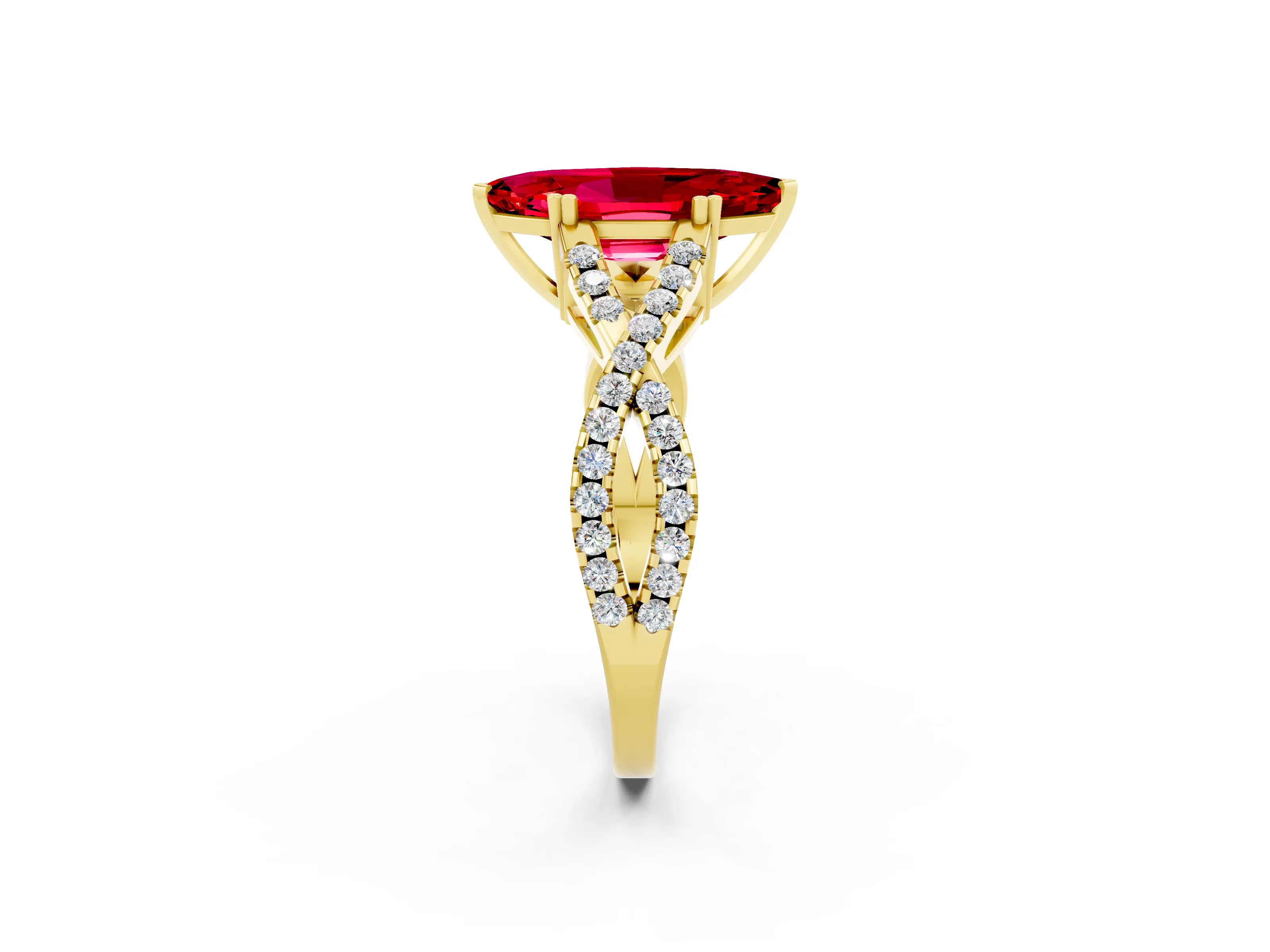 Yellow gold Marquise Cut Ruby Solitaire Ring with Four-Prong Setting and Twisted Pavé Band_2