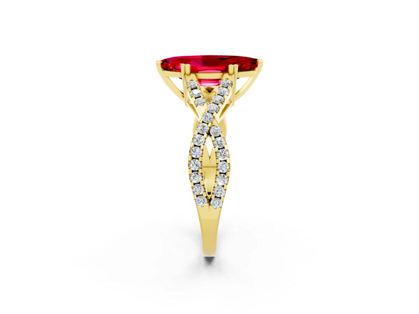 Yellow gold Marquise Cut Ruby Solitaire Ring with Four-Prong Setting and Twisted Pavé Band
