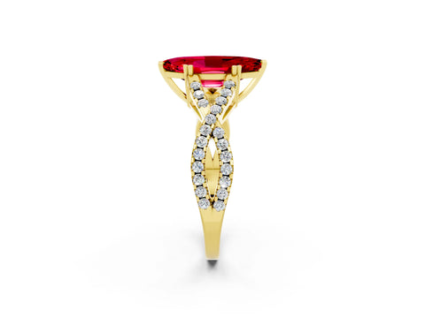 Yellow gold Marquise Cut Ruby Solitaire Ring with Four-Prong Setting and Twisted Pavé Band_2