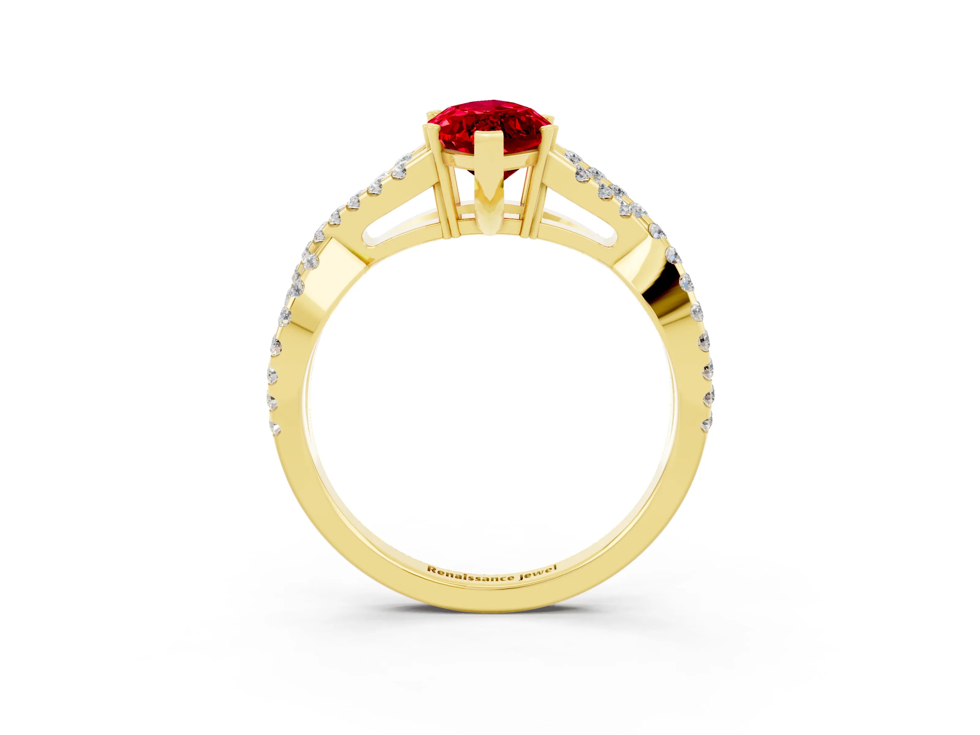 Yellow gold Marquise Cut Ruby Solitaire Ring with Four-Prong Setting and Twisted Pavé Band_3