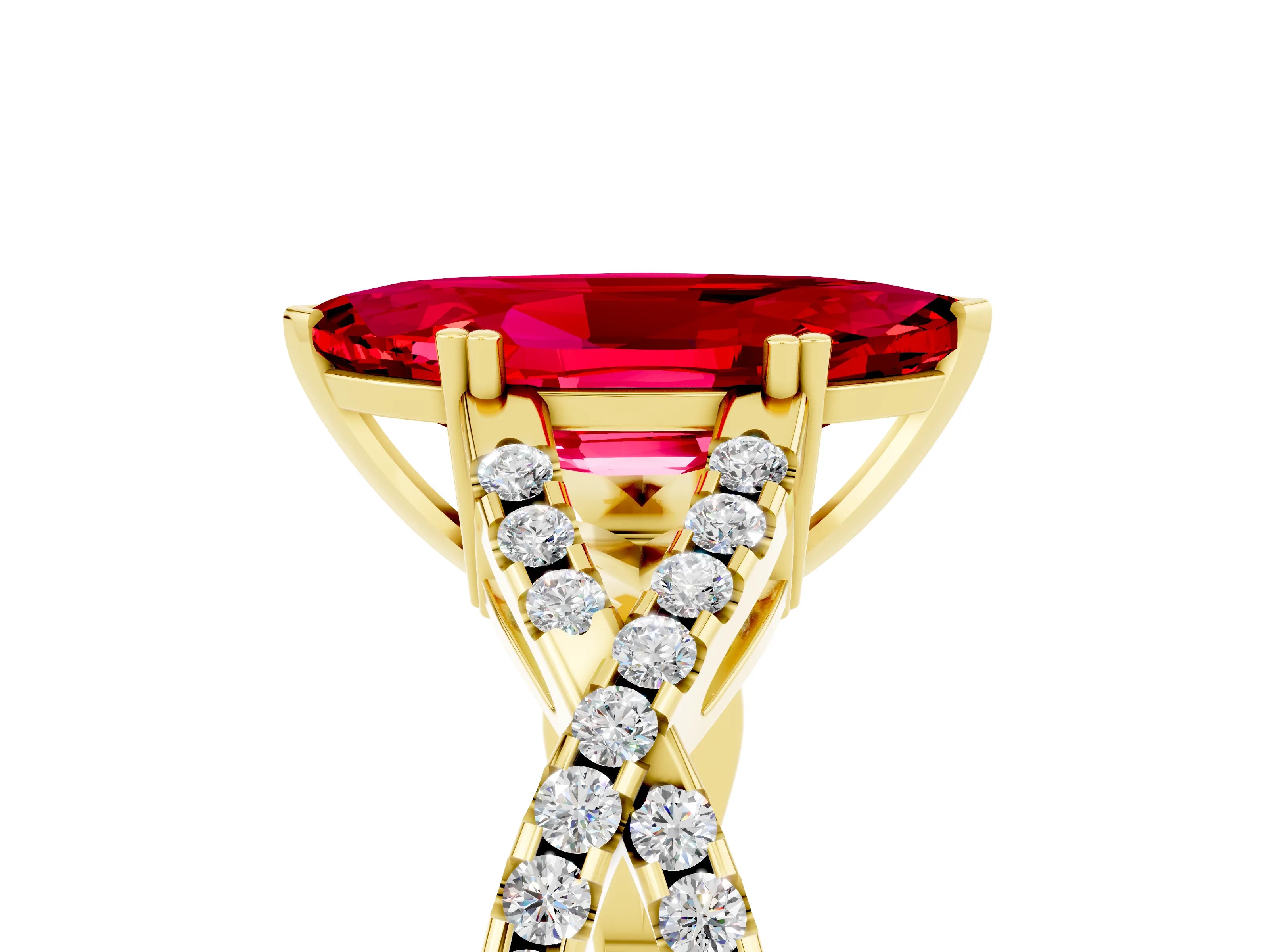 Yellow gold Marquise Cut Ruby Solitaire Ring with Four-Prong Setting and Twisted Pavé Band_5
