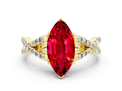 Yellow gold Marquise Cut Ruby Solitaire Ring with Four-Prong Setting and Twisted Pavé Band