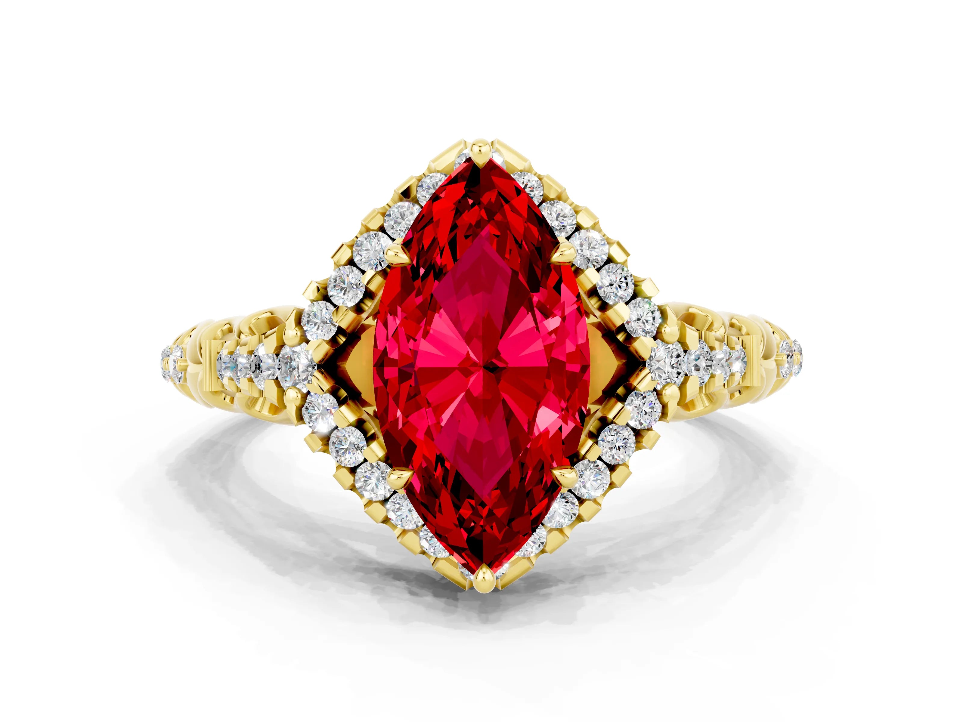 Yellow gold Marquise Cut Ruby Solitaire Ring with Hidden Halo and Pavé Band_34