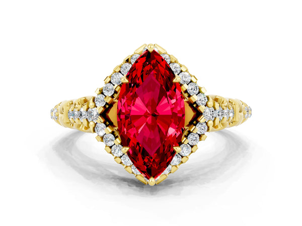 Yellow gold Marquise Cut Ruby Solitaire Ring with Hidden Halo and Pavé Band