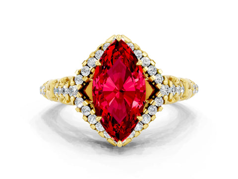 Yellow gold Marquise Cut Ruby Solitaire Ring with Hidden Halo and Pavé Band_34
