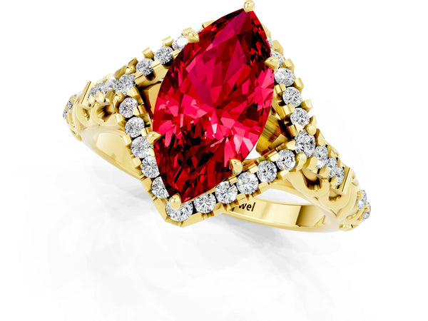 Yellow gold Marquise Cut Ruby Solitaire Ring with Hidden Halo and Pavé Band