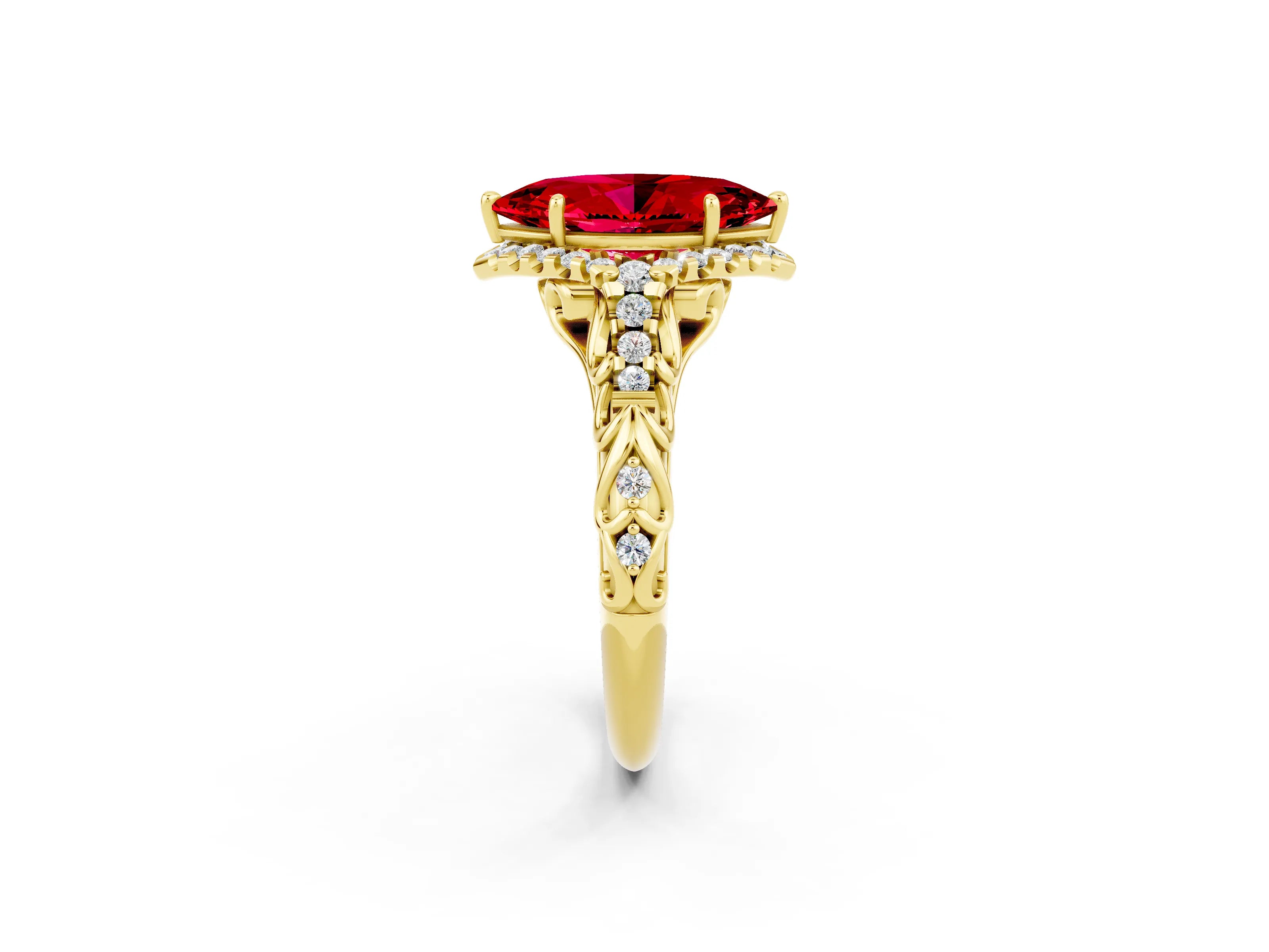 Yellow gold Marquise Cut Ruby Solitaire Ring with Hidden Halo and Pavé Band_36