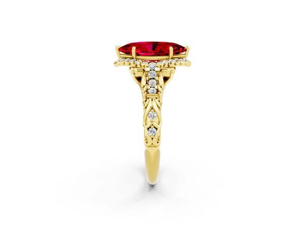 Yellow gold Marquise Cut Ruby Solitaire Ring with Hidden Halo and Pavé Band