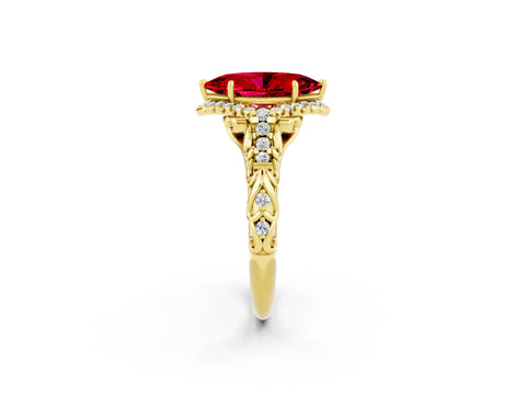 Yellow gold Marquise Cut Ruby Solitaire Ring with Hidden Halo and Pavé Band_36