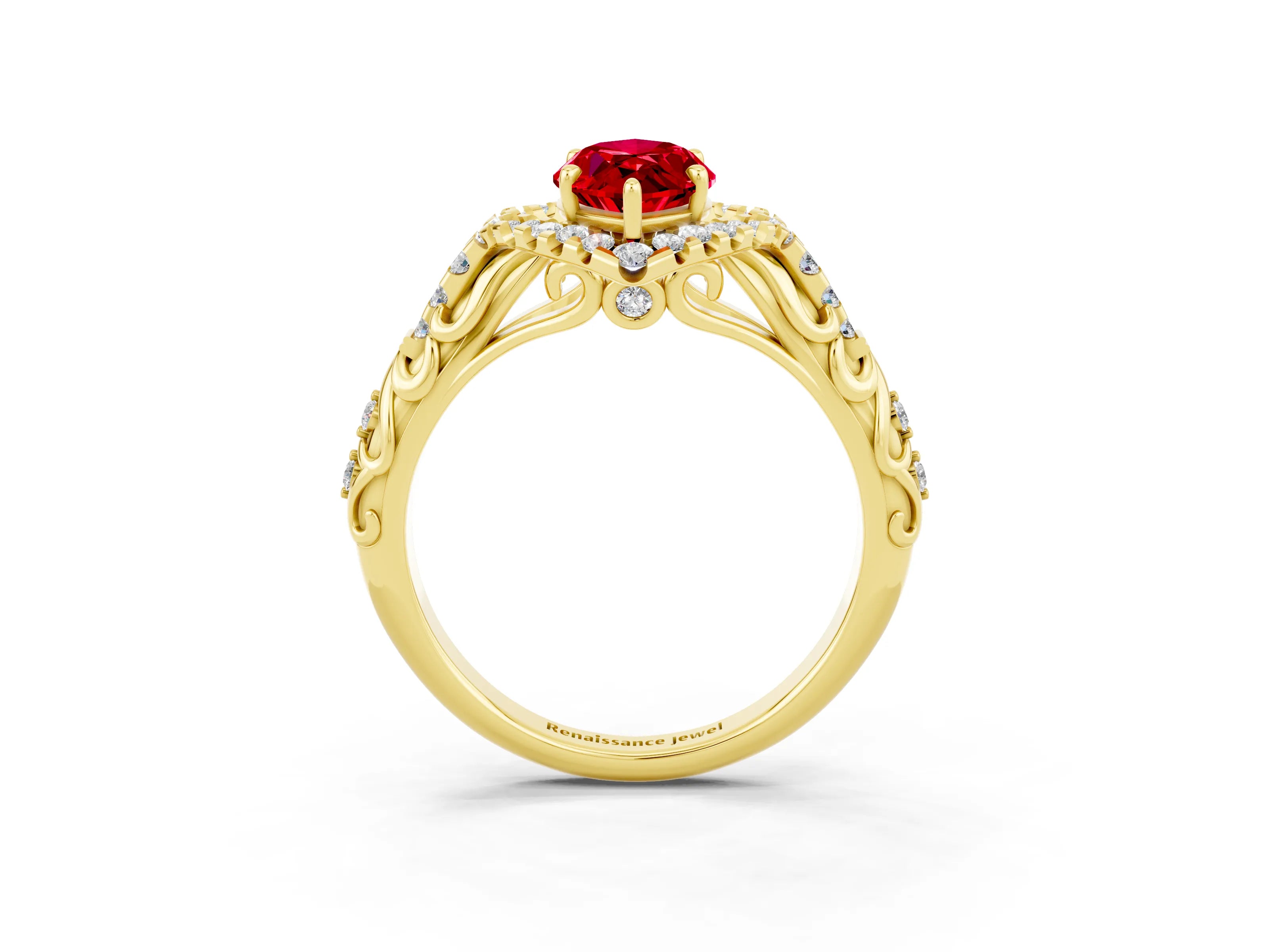 Yellow gold Marquise Cut Ruby Solitaire Ring with Hidden Halo and Pavé Band_37
