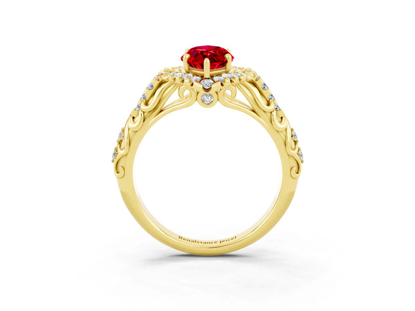Yellow gold Marquise Cut Ruby Solitaire Ring with Hidden Halo and Pavé Band