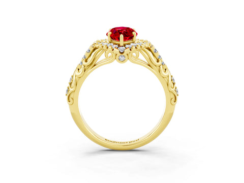 Yellow gold Marquise Cut Ruby Solitaire Ring with Hidden Halo and Pavé Band_37