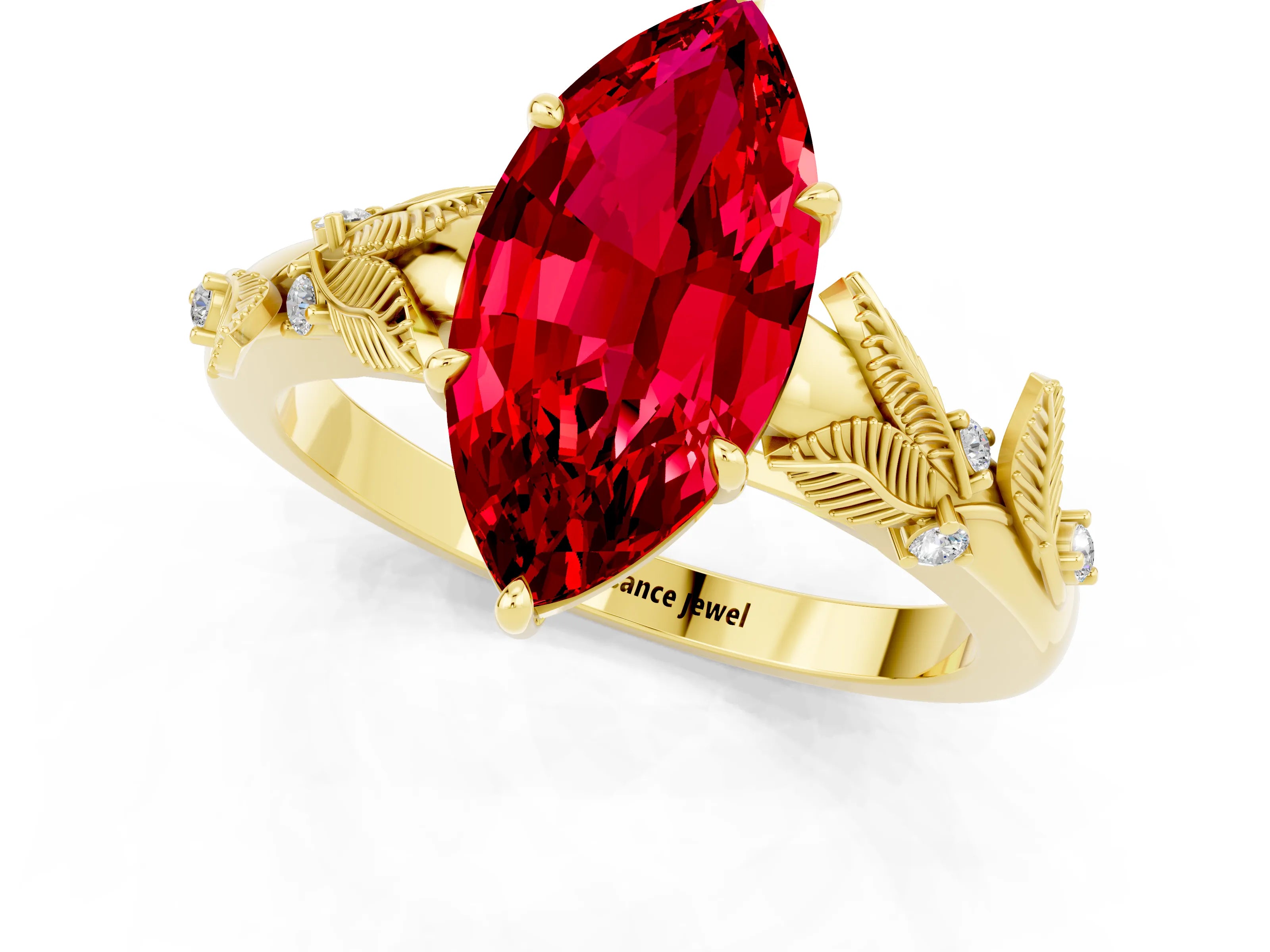 Yellow gold Marquise Cut Ruby Solitaire Ring with Leaf Motif Band and Four-Prong Setting_1
