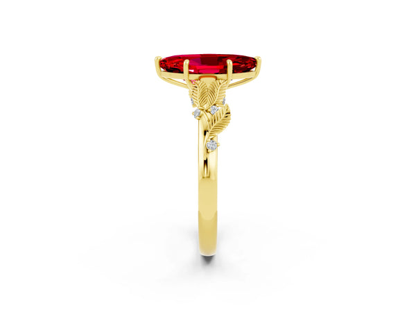 Yellow gold Marquise Cut Ruby Solitaire Ring with Leaf Motif Band and Four-Prong Setting