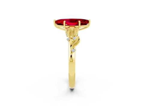 Yellow gold Marquise Cut Ruby Solitaire Ring with Leaf Motif Band and Four-Prong Setting_2