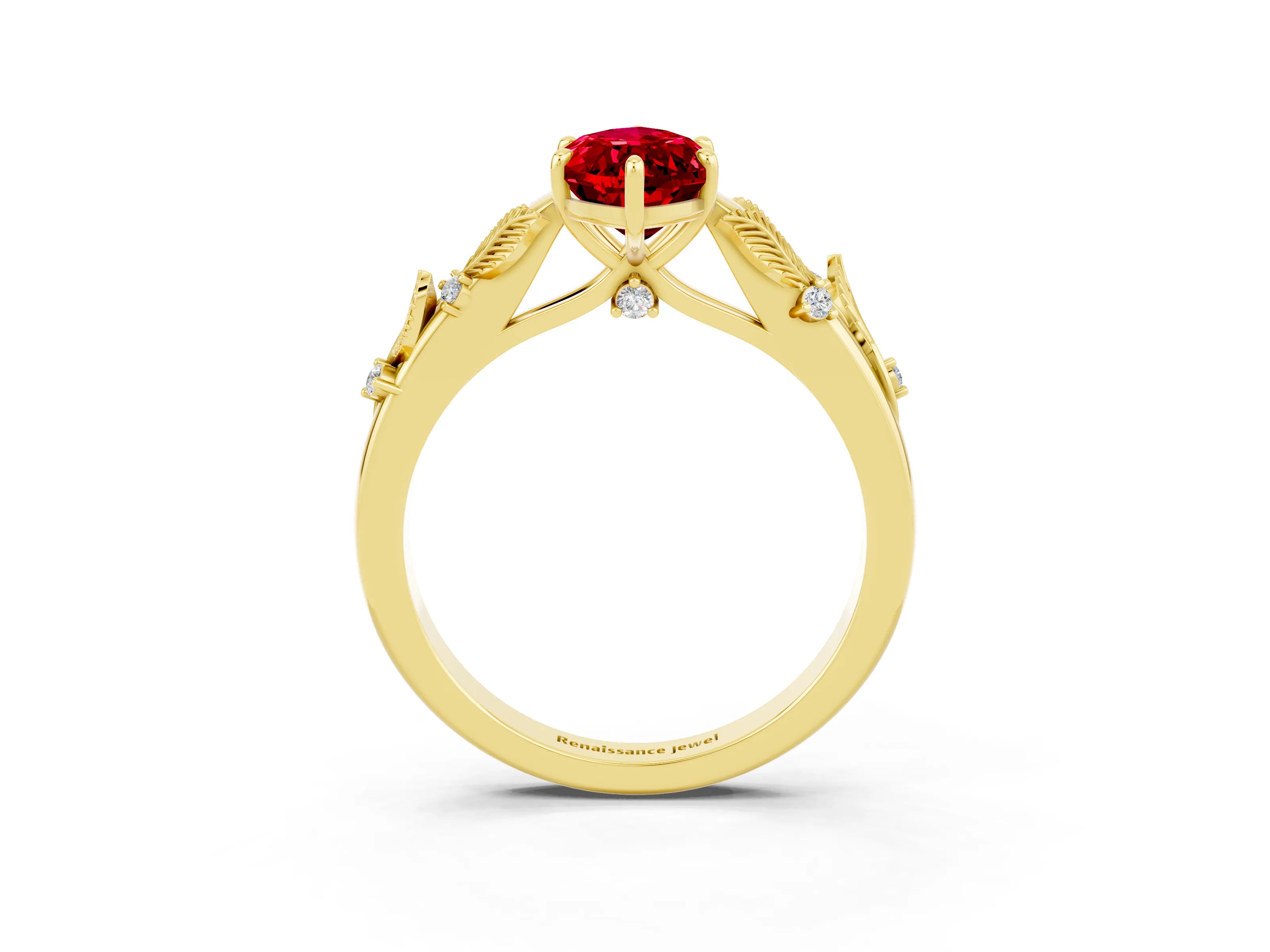 Yellow gold Marquise Cut Ruby Solitaire Ring with Leaf Motif Band and Four-Prong Setting_3