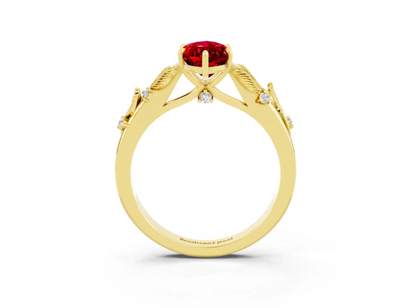 Yellow gold Marquise Cut Ruby Solitaire Ring with Leaf Motif Band and Four-Prong Setting