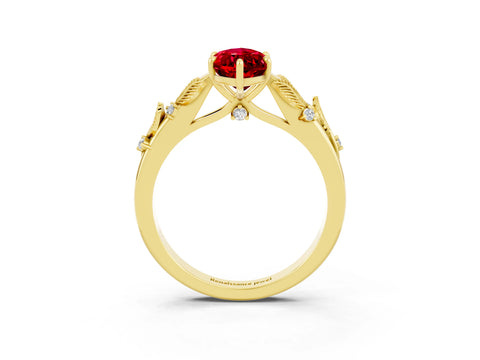 Yellow gold Marquise Cut Ruby Solitaire Ring with Leaf Motif Band and Four-Prong Setting_3