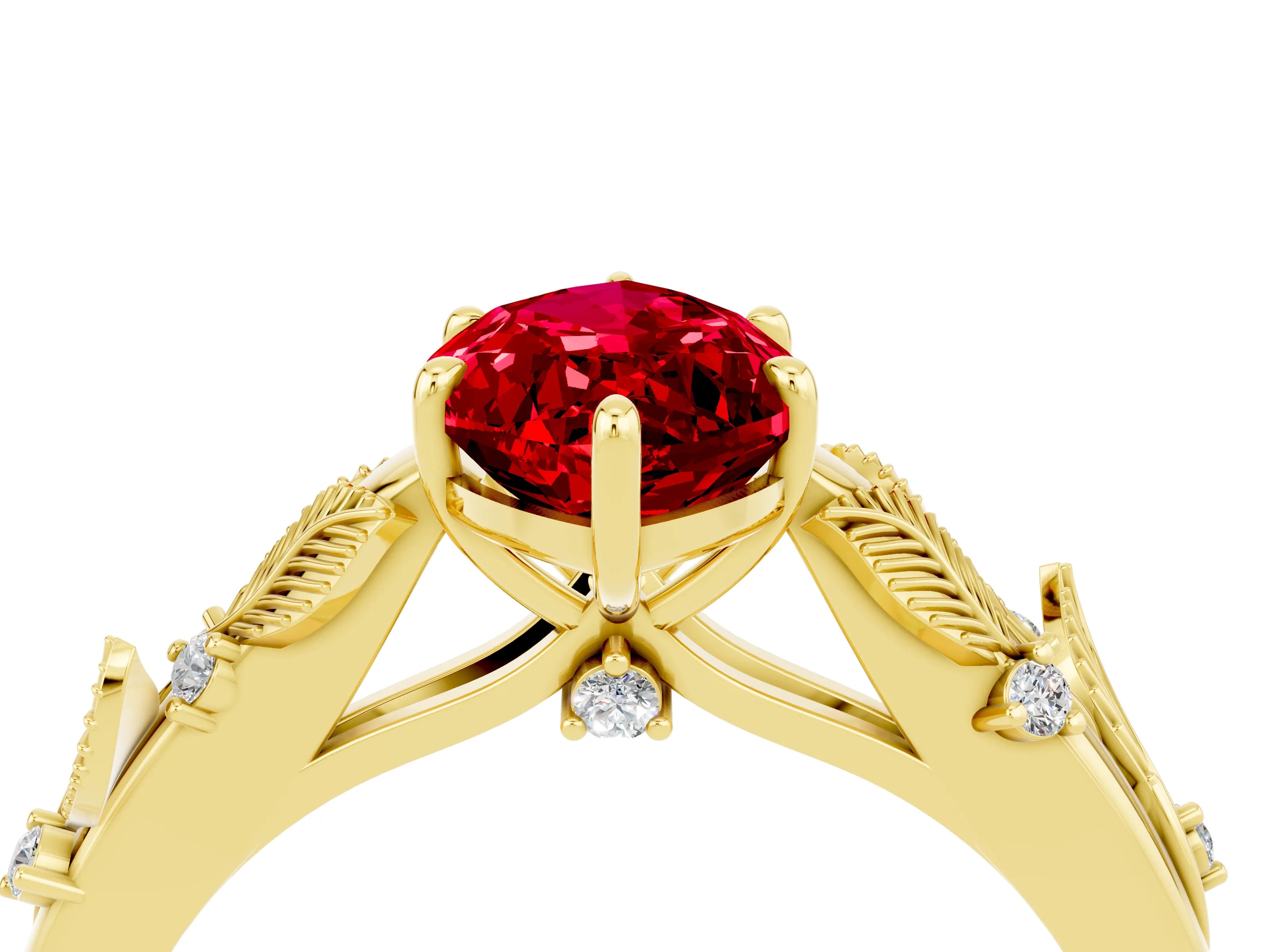 Yellow gold Marquise Cut Ruby Solitaire Ring with Leaf Motif Band and Four-Prong Setting_4