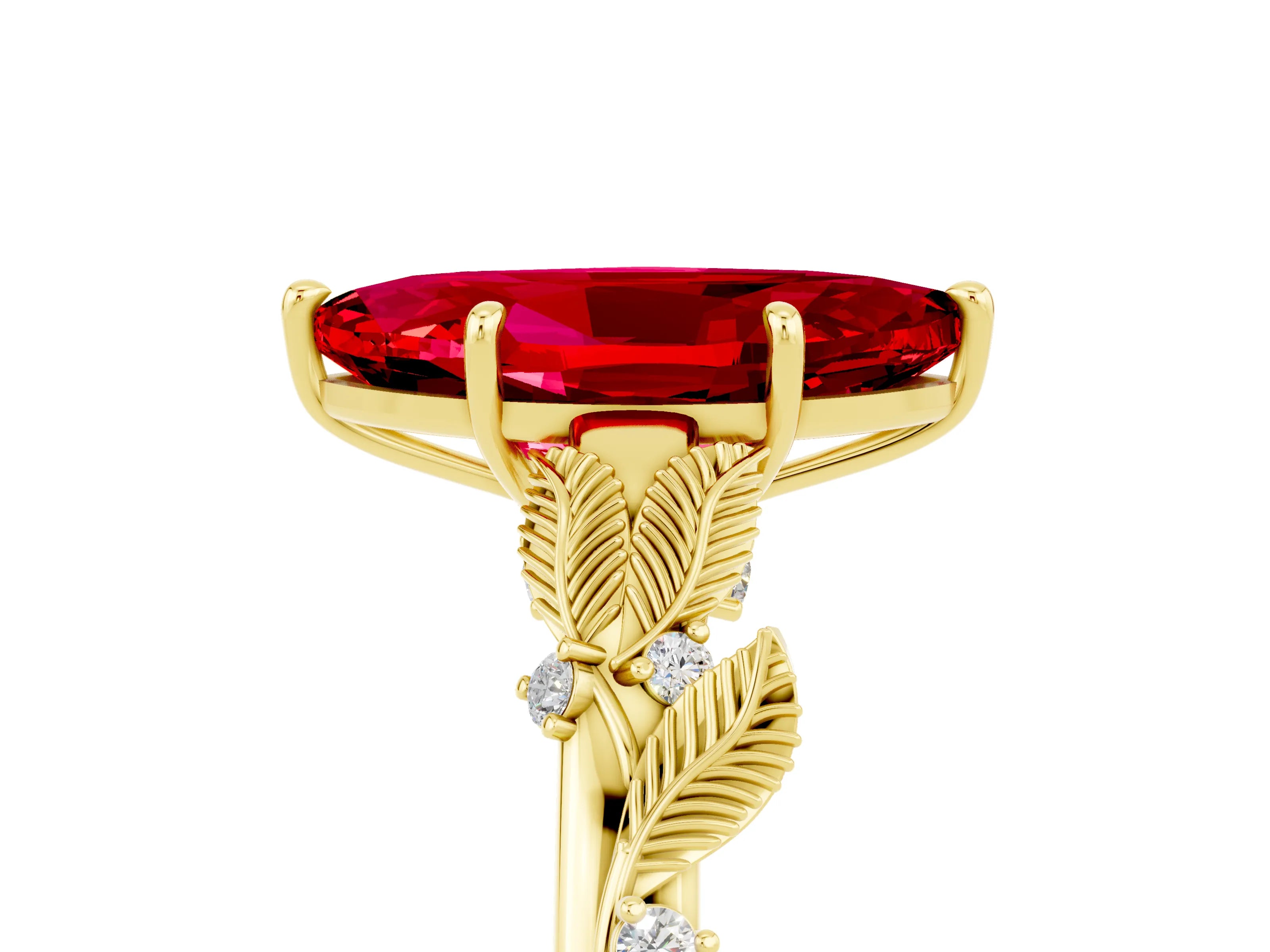 Yellow gold Marquise Cut Ruby Solitaire Ring with Leaf Motif Band and Four-Prong Setting_5