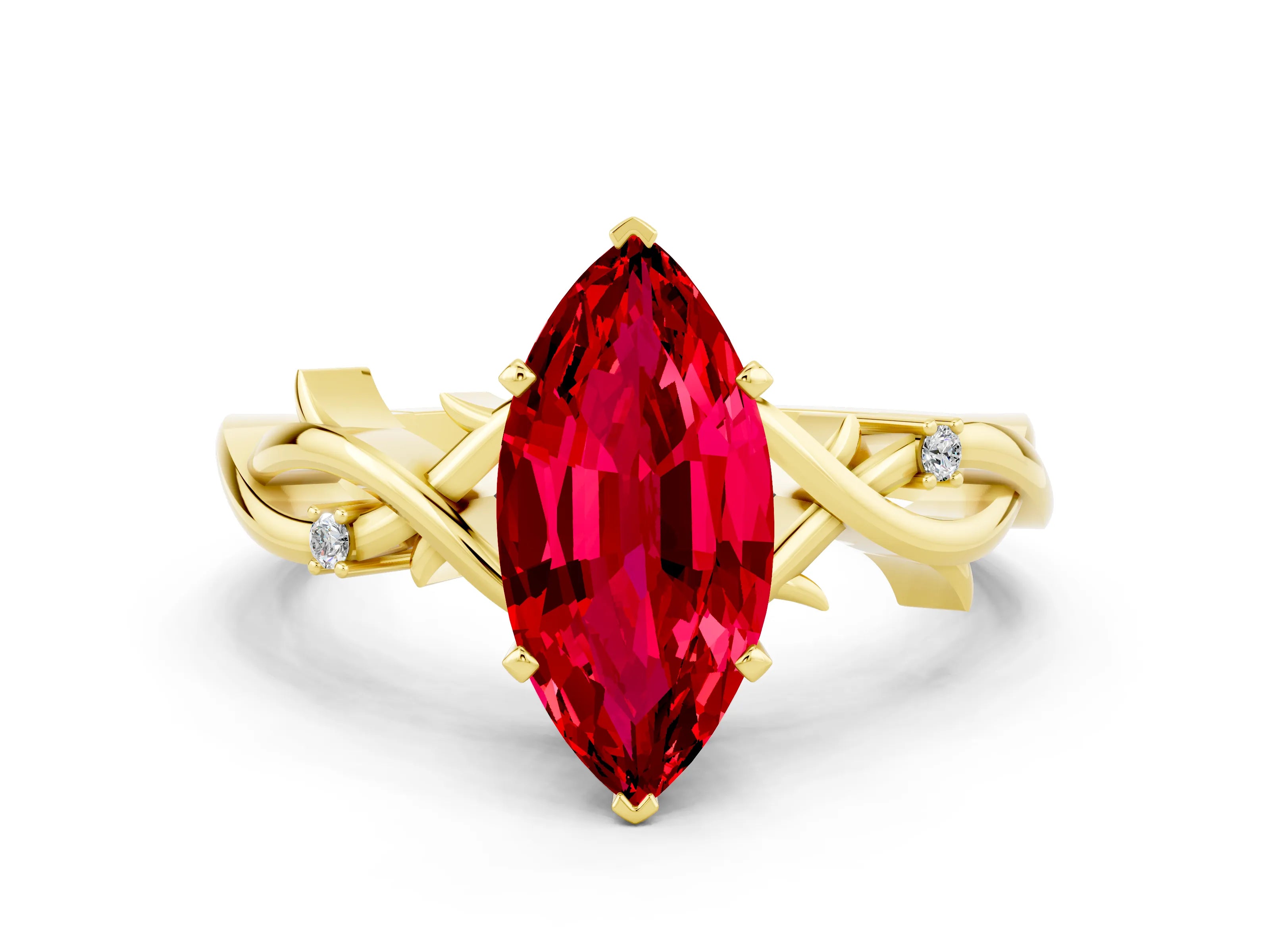 Yellow gold Marquise Cut Ruby Solitaire Ring with Milgrain Pavé Band and Four-Prong Setting_12