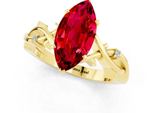 Yellow gold Marquise Cut Ruby Solitaire Ring with Milgrain Pavé Band and Four-Prong Setting