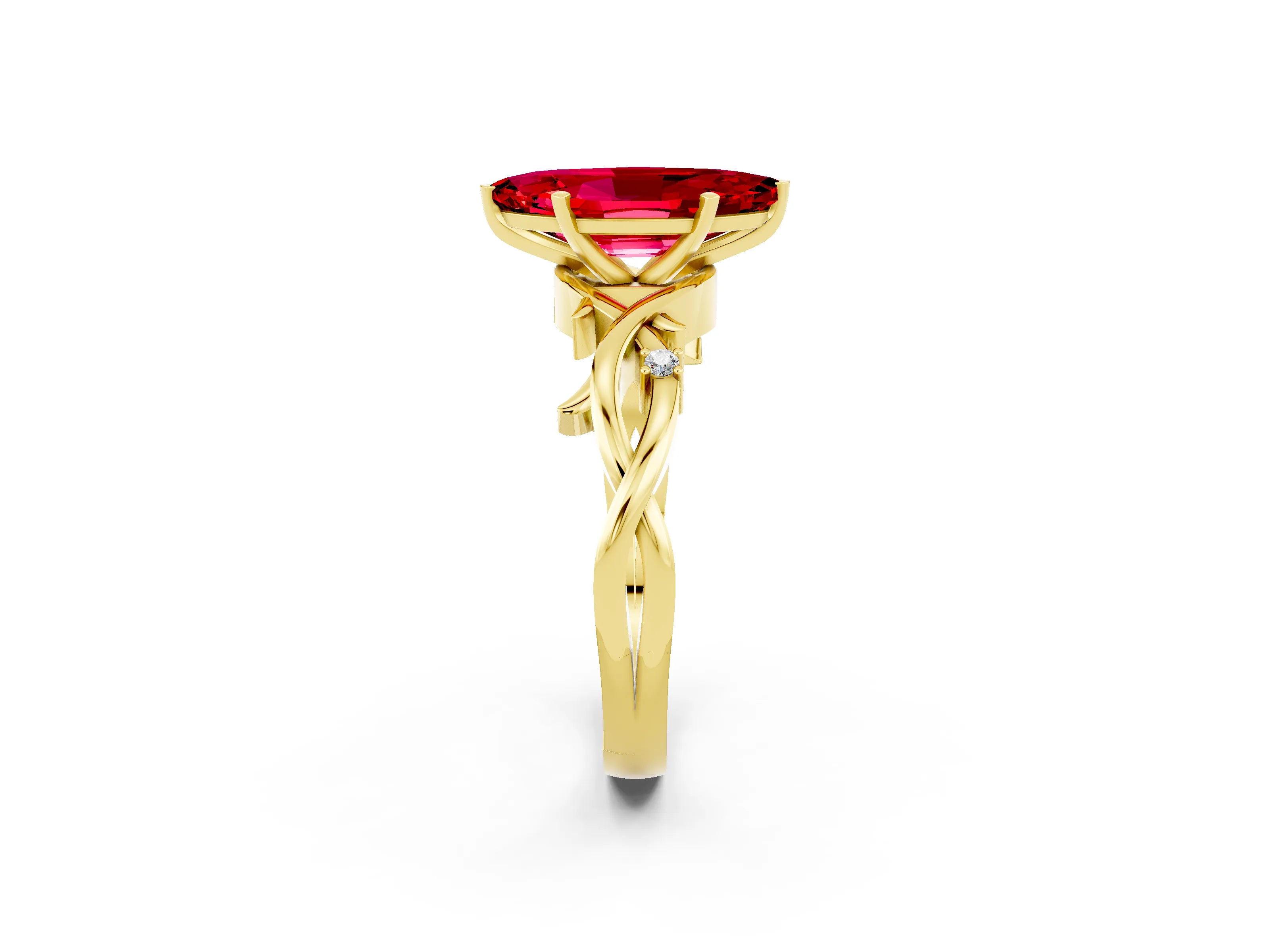 Yellow gold Marquise Cut Ruby Solitaire Ring with Milgrain Pavé Band and Four-Prong Setting_14