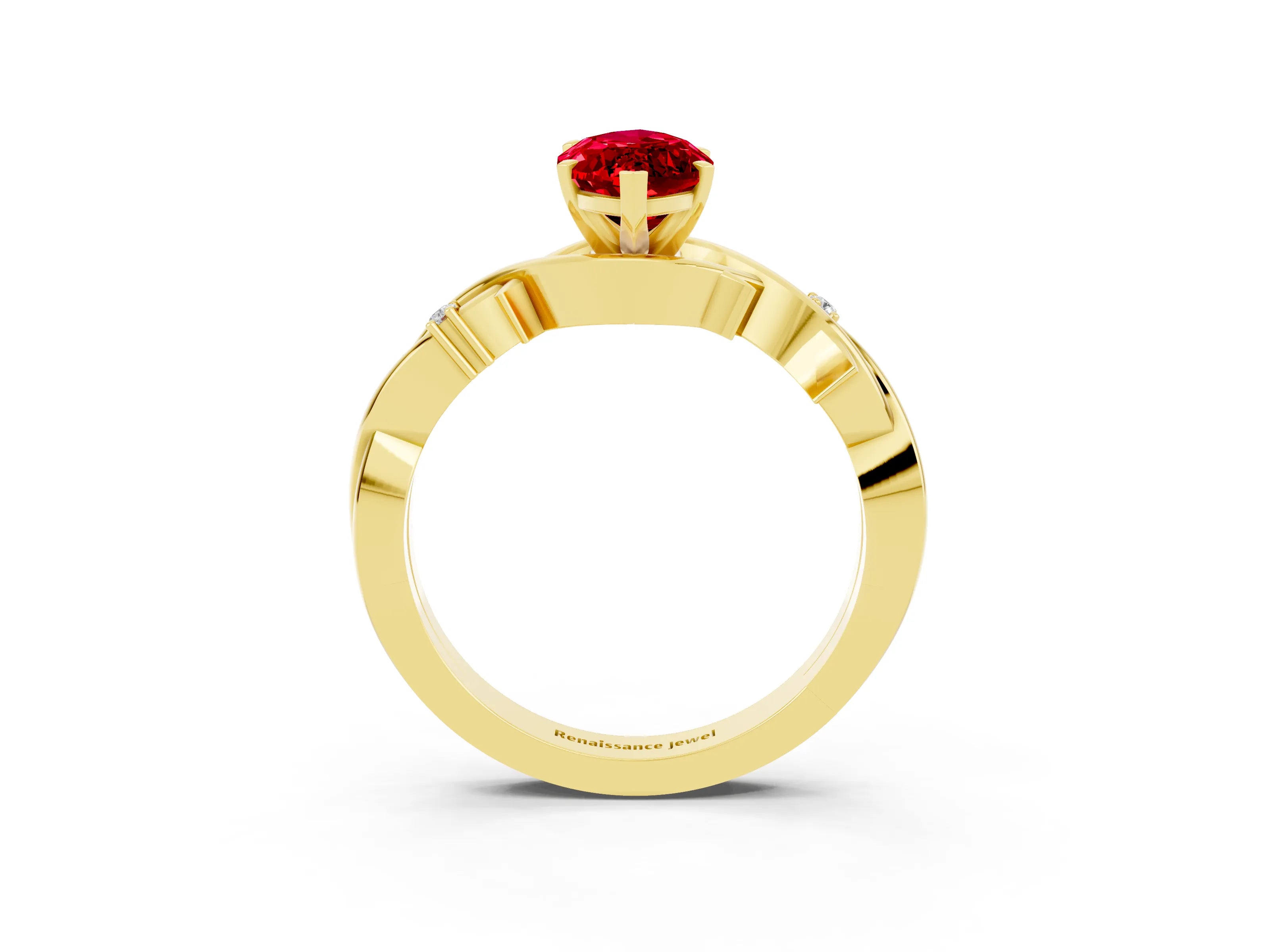 Yellow gold Marquise Cut Ruby Solitaire Ring with Milgrain Pavé Band and Four-Prong Setting_15