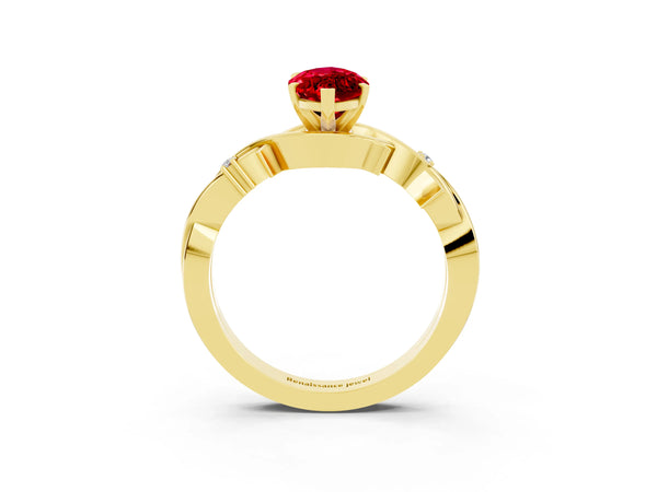 Yellow gold Marquise Cut Ruby Solitaire Ring with Milgrain Pavé Band and Four-Prong Setting
