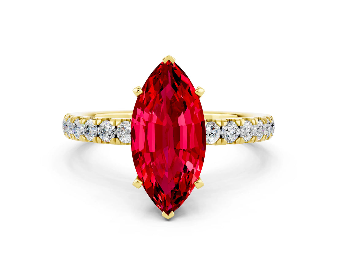Yellow gold Marquise Cut Ruby Solitaire Ring with Pavé Accents and Four-Prong Setting